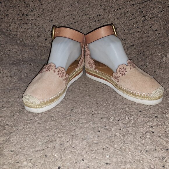 SEE BY CHLOE-Glyn-Suede Laser Cut Flower-Buckle Wedge Espadrille-SZ 37-Very Good - Picture 3 of 7
